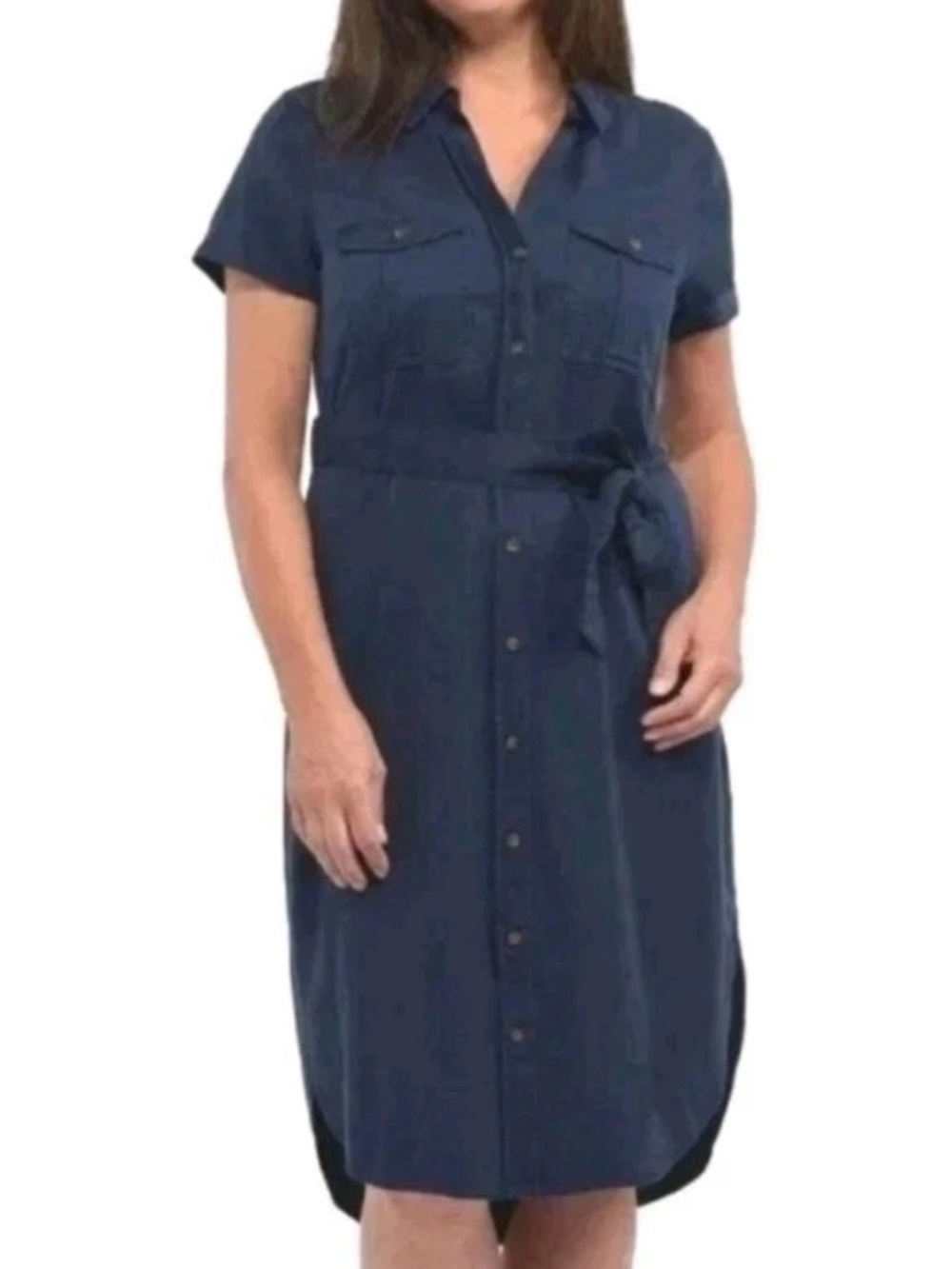 Navy Short-Sleeve Button-Front Shirt Dress with Tie Waist Women’s Small